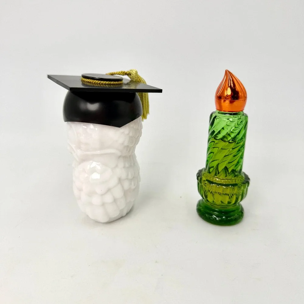 Vintage Avon‎ Cologne Bottles Lot Graduation Owl Milk Glass Green Candle 1970s